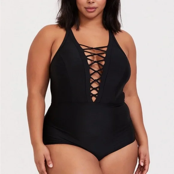 ❌SOLD Torrid Black Wireless Strappy Front One Piece Swimsuit 3X NWT 12074135 - Picture 2 of 12